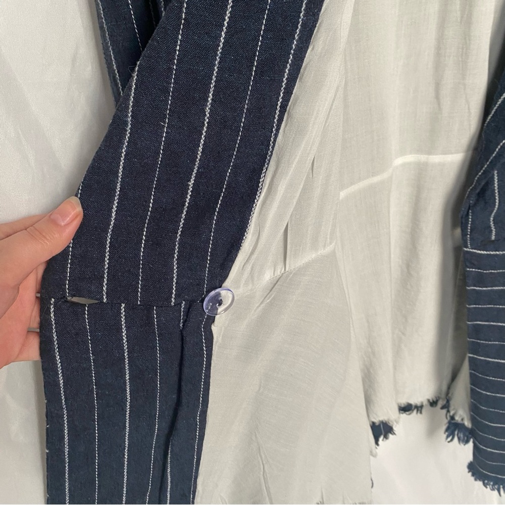 FREE PEOPLE Stella Striped Frayed Hem Blue Blazer Size XS Linen Coastal Office - Picture 9 of 11